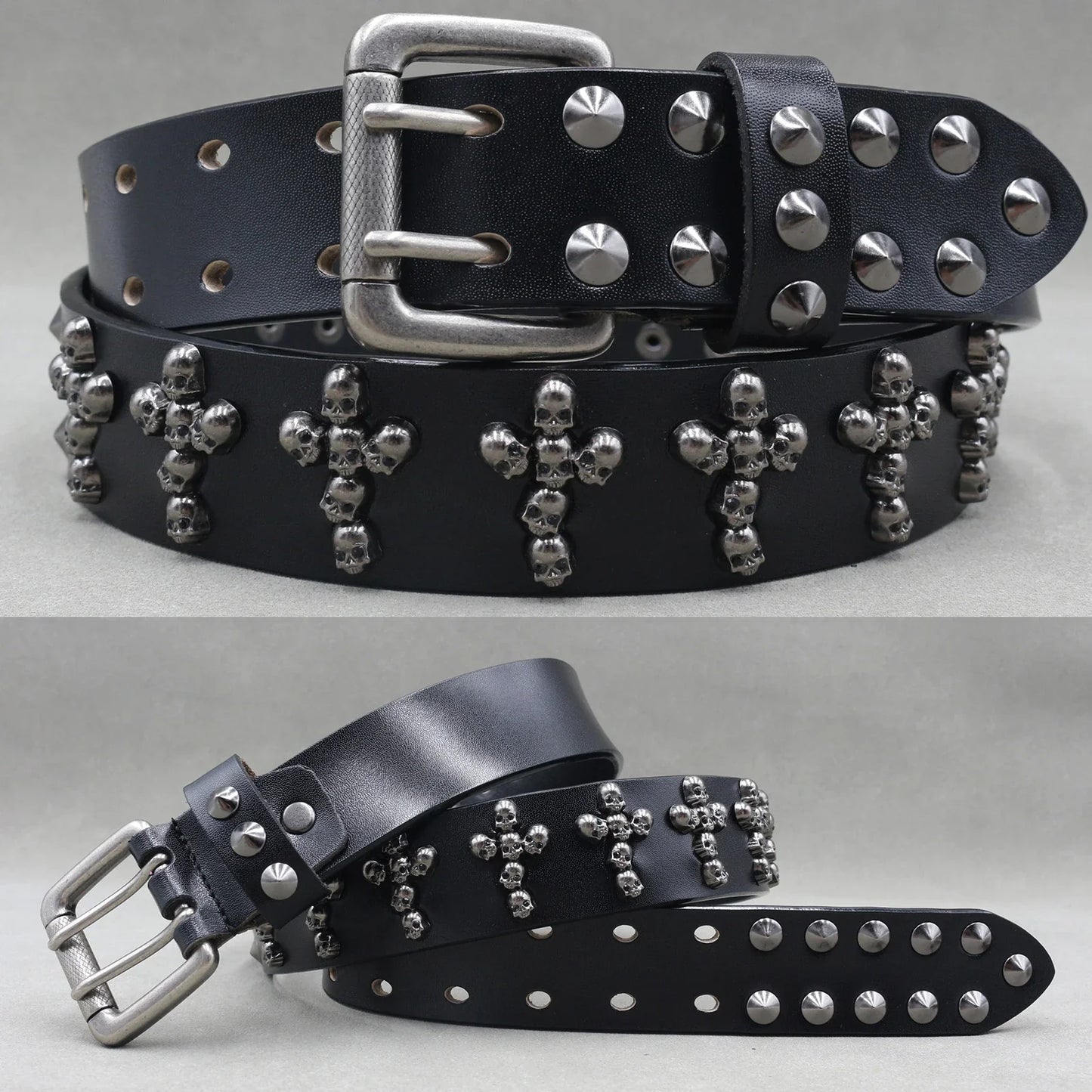 Men’s Designer Rivet Belt – Genuine Cowhide Leather Punk Rock Pin Belt for Jeans, Luxury Black Leather Belt