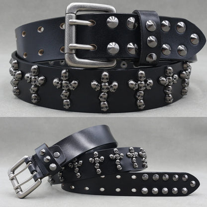 Men’s Designer Rivet Belt – Genuine Cowhide Leather Punk Rock Pin Belt for Jeans, Luxury Black Leather Belt