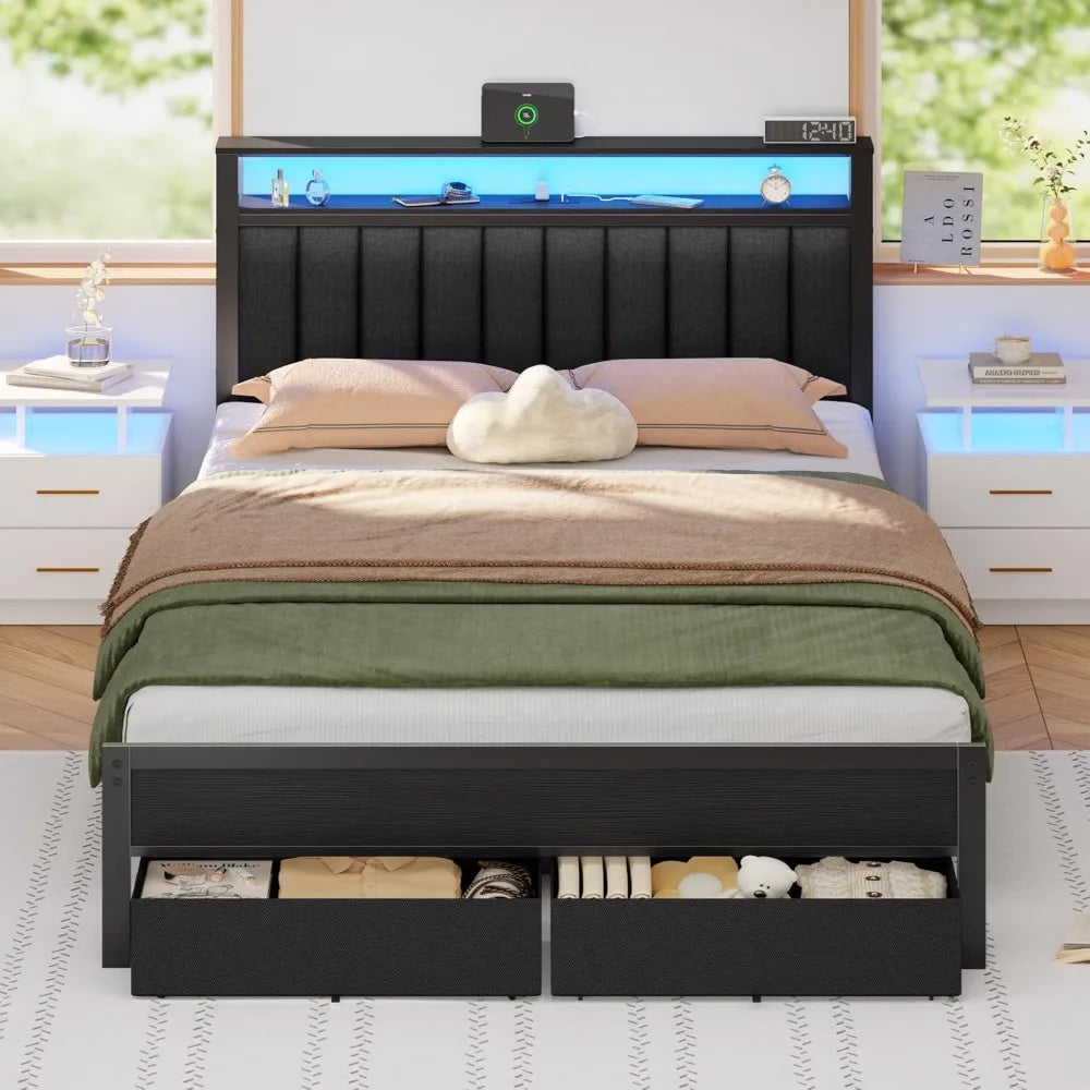 LED Bed Frame with Charging Station – Grey Upholstered Headboard with Shelves, Metal Platform Platform Bed with Custom Storage Design