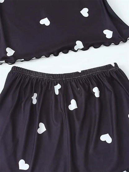 Women’s Heart Print Pajama Set - Two Piece Suspender Top & Shorts Casual Sleepwear Loungewear
