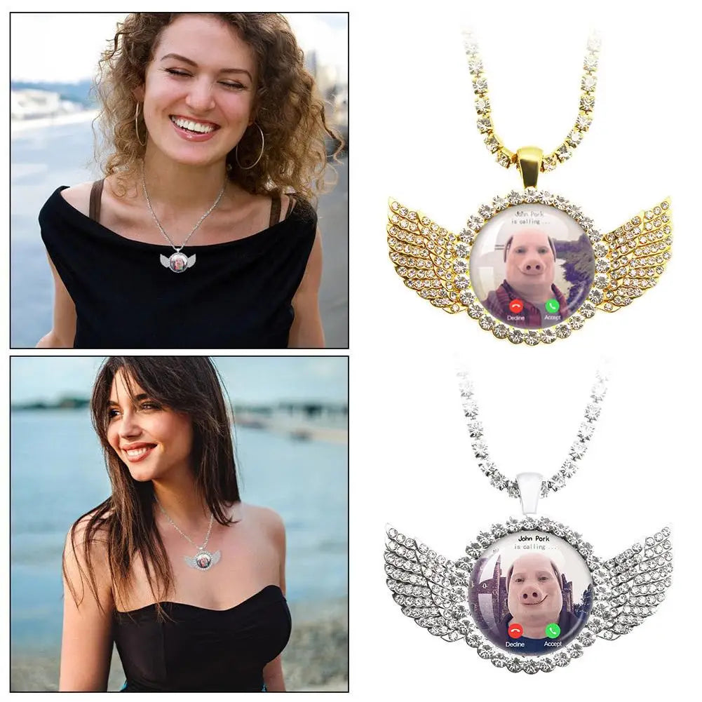 John Pork Calling Necklace - Funny Pig Lover Moon Pendant with Angel Wings Graphic Jewelry Gift