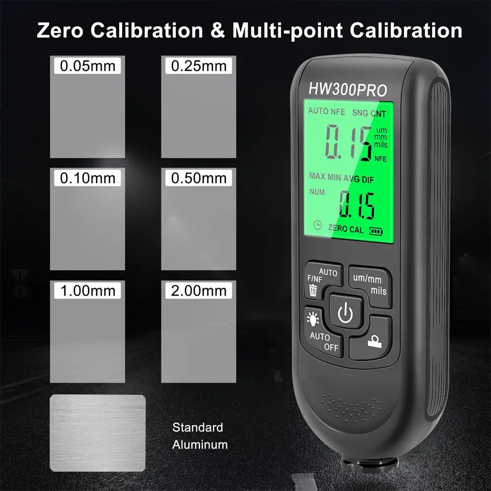 Digital Metal Coating Thickness Tester - HW-300 Electroplate Gauge for Car Paint, 0-2000um Range with Fe and NFe Probe