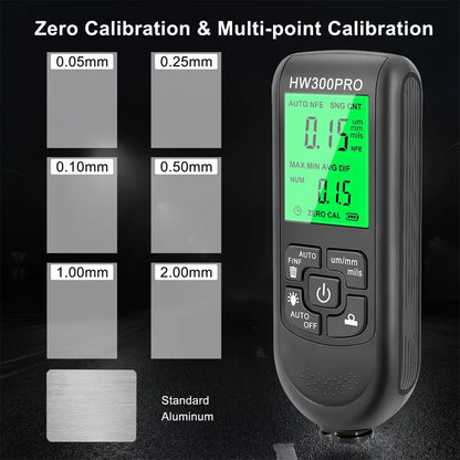 Digital Metal Coating Thickness Tester - HW-300 Electroplate Gauge for Car Paint, 0-2000um Range with Fe and NFe Probe