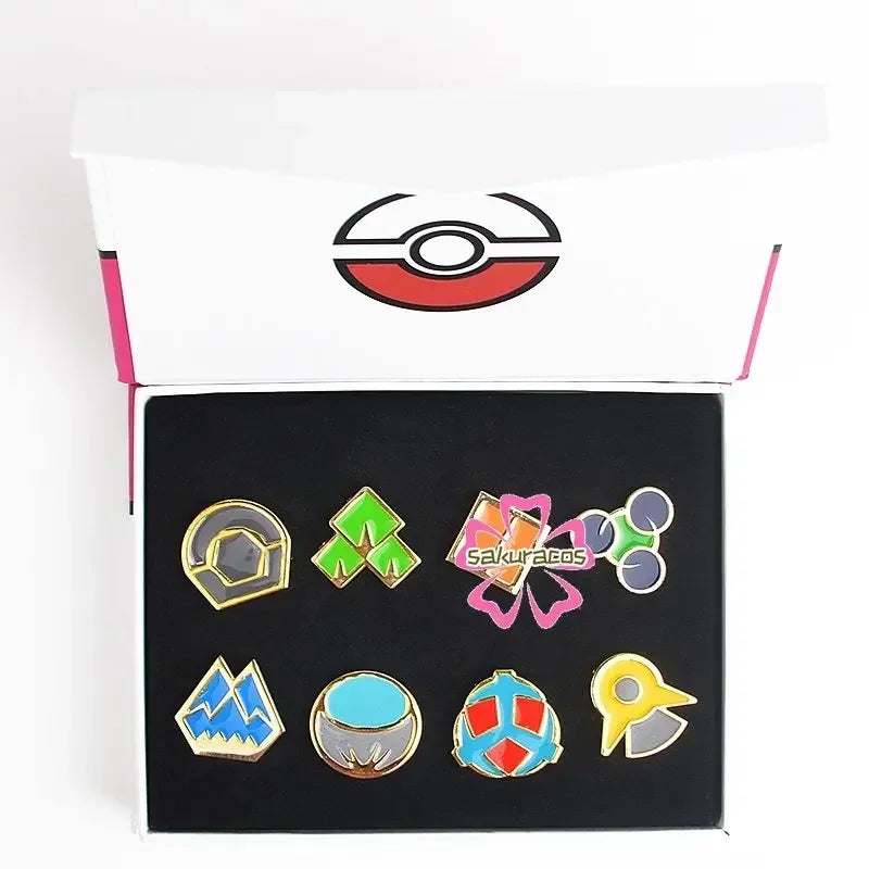 Set of 8 Pokémon Gym Badge Pins – League Region Brooches from Kanto, Johto, Hoenn, Sinnoh, Unova, Kalos & Orange Islands