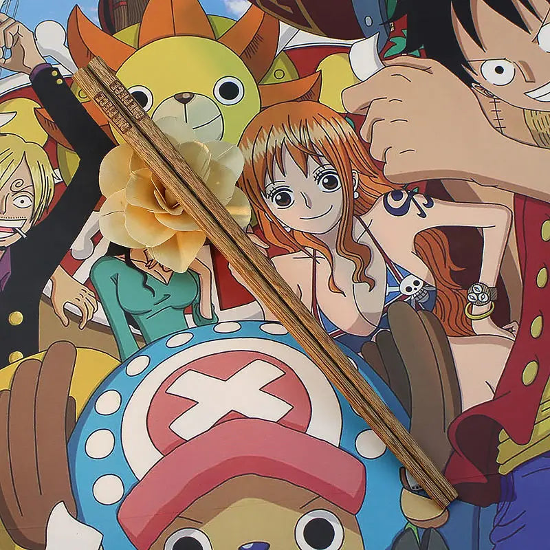 2 Pairs ONE PIECE Wooden Chopsticks – Anime Cartoon, Non-Slip, Reusable Tableware for Lunch, Sushi, with Belt Bag Accessory