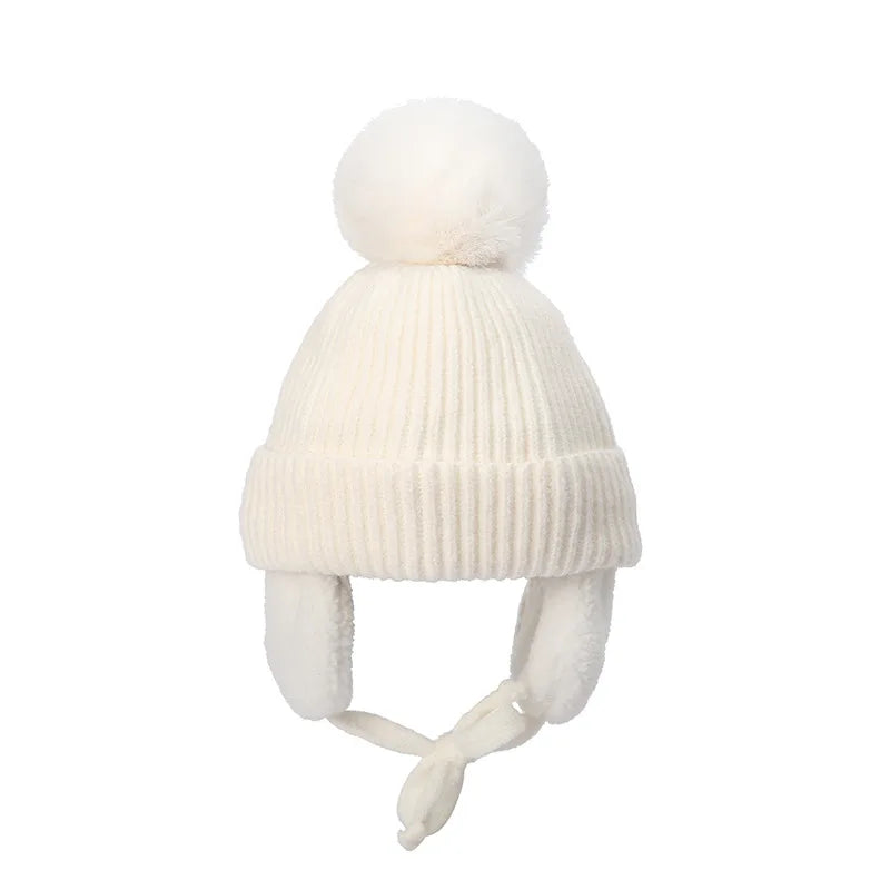 Winter Baby Beanie Hat with Pompom & Earflaps – Thick Wool Plush Knitted Cap for Girls & Boys, Ages 2-8T