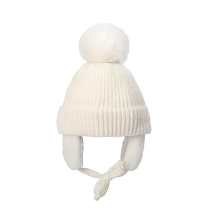 Winter Baby Beanie Hat with Pompom & Earflaps – Thick Wool Plush Knitted Cap for Girls & Boys, Ages 2-8T