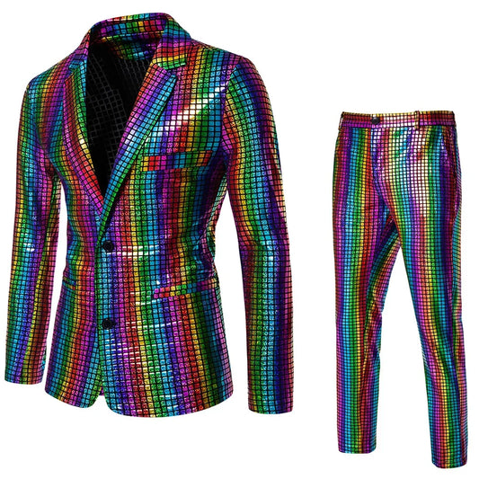 Men's Sequin Hot Stamping Suit Set — Disco Cosplay Party Stage Nightclub Performance Outfit, Size S-3XL