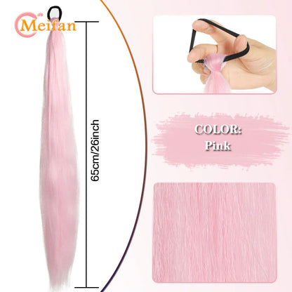 MEIFAN Synthetic Color Braid Ponytail Extension – Red, Green, Blue, Pink, Straight Hair Wrap Around with Elastic Tie