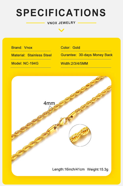 Vnox Dainty Gold Color Rope Chain Necklace – Chic Twisted Collar for Men & Women, Waterproof Stainless Steel, 2-5mm Width