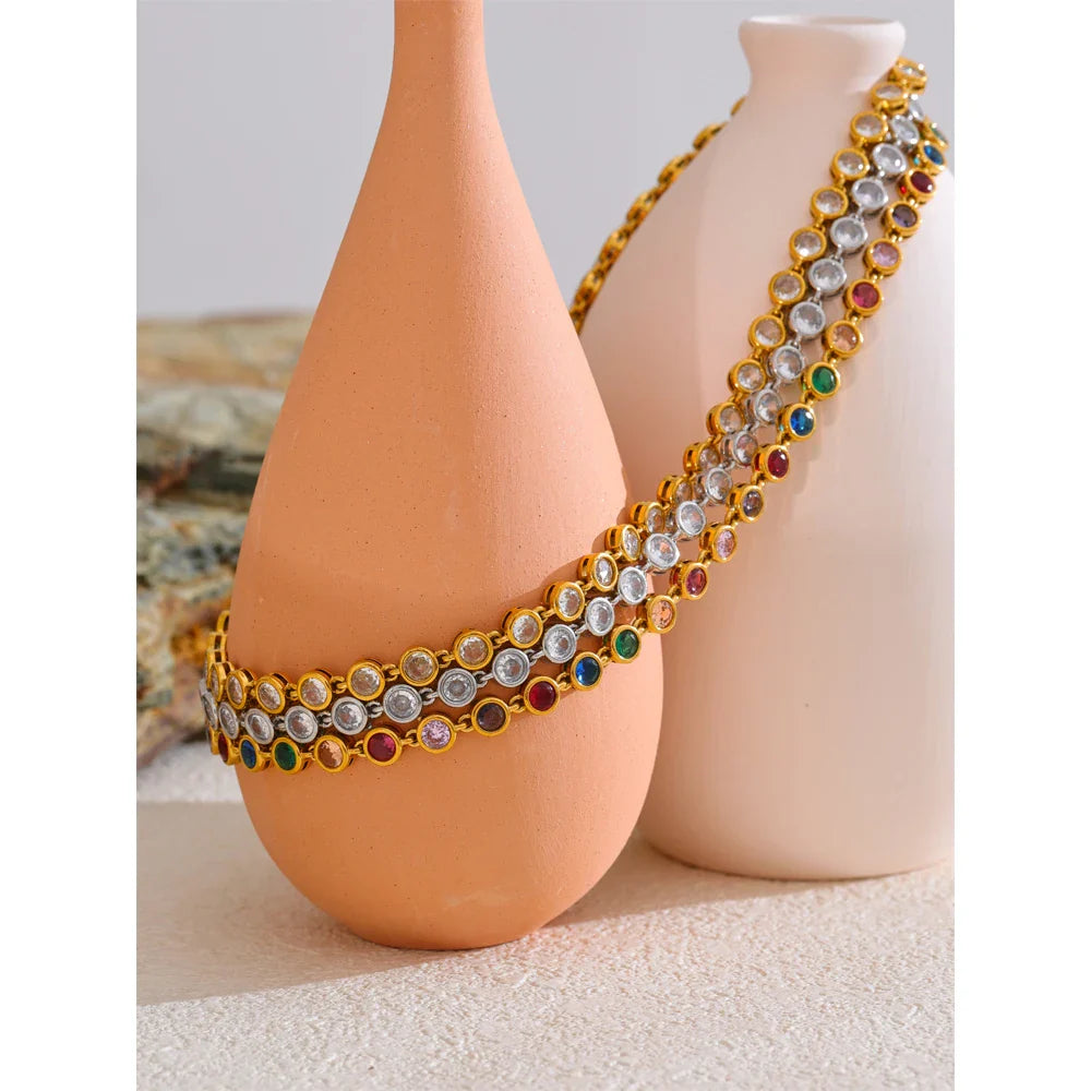 Yhpup Colorful Cubic Zirconia Stainless Steel Luxury Jewelry Set – Waterproof Chain Necklace & Bracelet Gift for Women