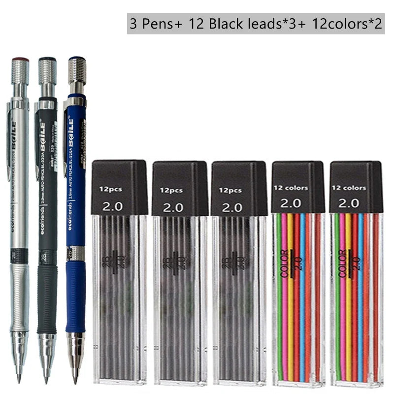 2.0mm Mechanical Pencil Set with 2B Black & Color Lead Refills – Automatic Pencil for Sketching, Drawing & Writing