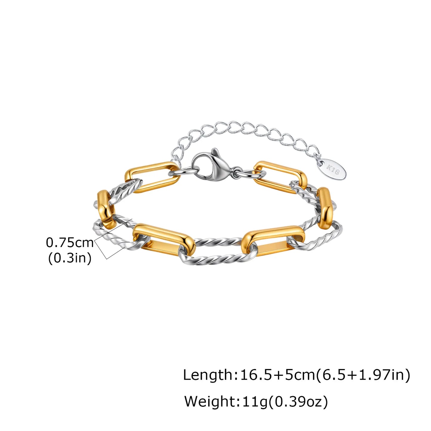Women's Two-Tone Twist Paperclip Bracelet – Chunky Stainless Steel Adjustable 18K Gold Plated Link Jewelry