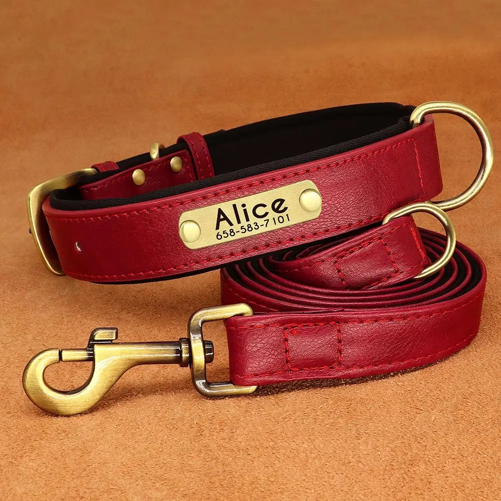 Customized Leather Dog Collar & Leash Set – Soft Padded Adjustable Collar for Small, Medium & Large Dogs with Engraved Nameplate