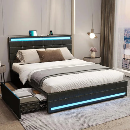 LED Full Size Bed Frame – Upholstered Platform Bed with Light-Up Headboard & Footboard, Square Stitched Tufted Design