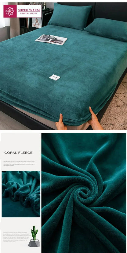 Soft Warm Plush Fitted Sheet – Elastic Coral Fleece Mattress Cover for Winter, Luxury Double Bed Bedding