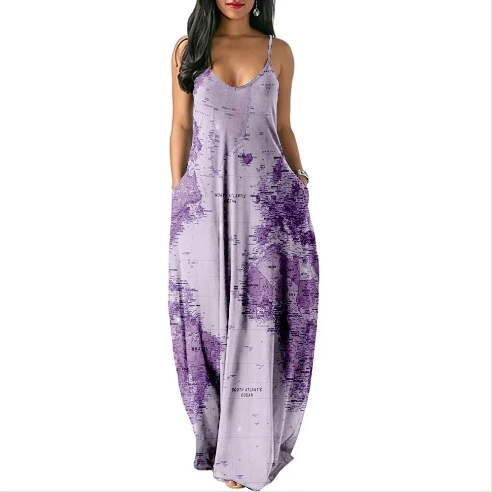 Women’s World Map Beach Dress – Elegant Sexy Long Sundress with Irregular Hem, Sleeveless Spaghetti Straps, Plus Size Summer Dress