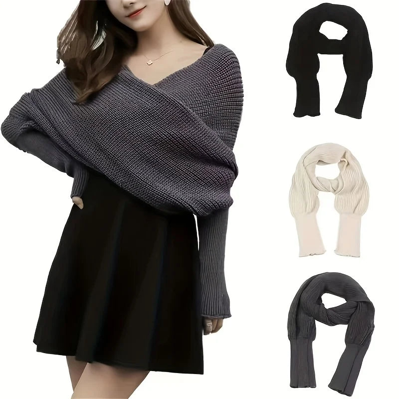 Solid Color Knit Shawl with Long Sleeves - Elegant Soft Warm Top, Elastic Wrap Scarf for Autumn and Winter