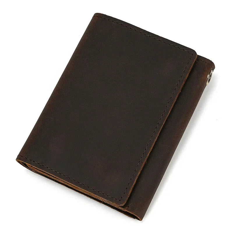 Men's Genuine Leather Short Wallet with Chain – Zipper Clutch, Trifold Purse, Card Holder & Coin Purse for Men