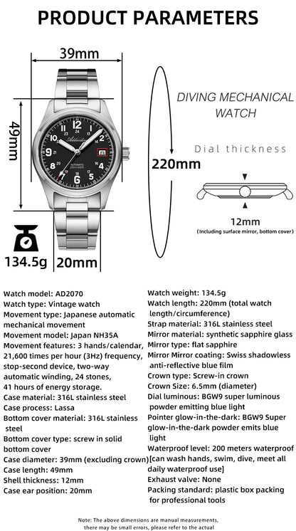 ADDIESDIVE AD2070 Men’s Automatic Mechanical Watch – Sapphire Crystal, 20Bar Waterproof, Super Luminous Stainless Steel