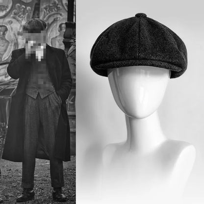 Men's Retro Newsboy Cap - Octagonal Flat Hat with Herringbone Design, British Painter Style Beret for Autumn and Winter