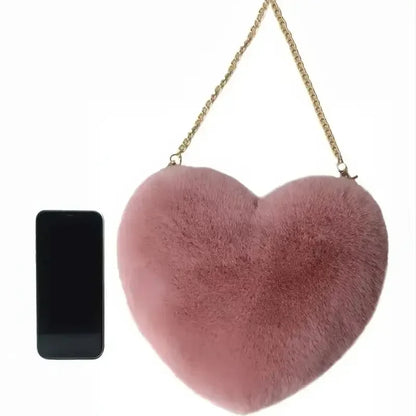 Heart-Shaped Fluffy Shoulder Bag – Fashion Chain Crossbody Plush Handbag & Cute Zipper Purse for Valentine's Day