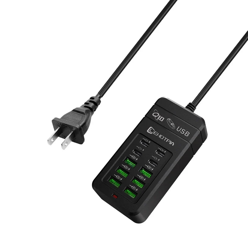 10-Port USB Fast Charger Adapter - EU UK US Plug Power Station with 6 USB-A & 4 USB-C Ports Extension Cord