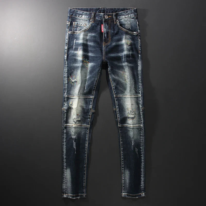 Streetwear Men’s Slim Fit Ripped Jeans – Retro Black & Blue Spliced Denim with Designer Embroidery, Hip Hop Fashion