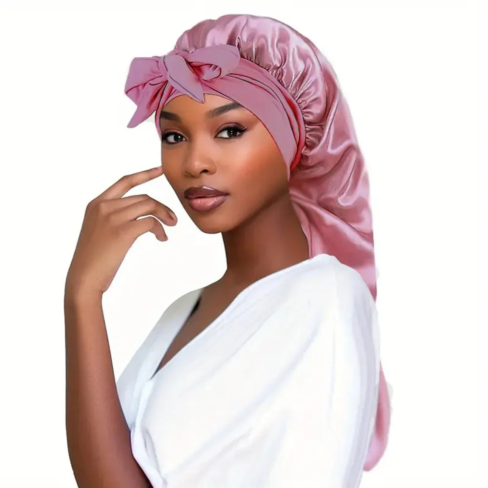 Bowknot Braid Bonnet - Unscented Satin Sleep Cap with Elastic Band and Long Tie, Breathable Night Hair Bonnet for Women