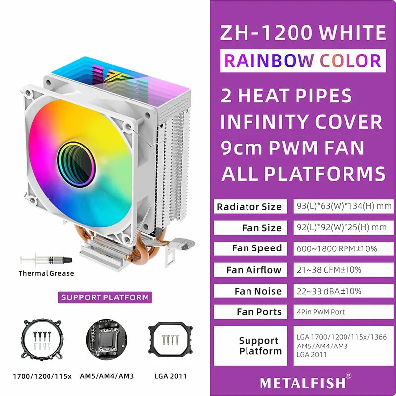 METALFISH ZH1200 CPU Cooler — 2 Heatpipe ARGB Radiator with 4-Pin PWM Silent Fan for Intel LGA 1700/1200/115X/1366/2011 & AMD AM5/AM4/AM3