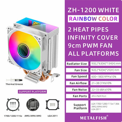 METALFISH ZH1200 CPU Cooler — 2 Heatpipe ARGB Radiator with 4-Pin PWM Silent Fan for Intel LGA 1700/1200/115X/1366/2011 & AMD AM5/AM4/AM3