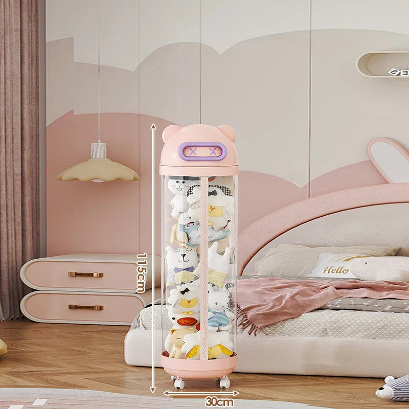 Large Capacity Transparent Toy Storage Bucket with Wheels – Children’s Plush & Stuffed Toy Organizer Barrel