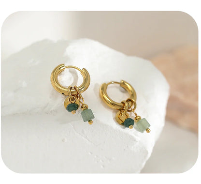 YACHAN 18K Gold-Plated Stainless Steel Hoop Earrings — Vintage Green Stone Charms, Trendy Waterproof Jewelry for Women