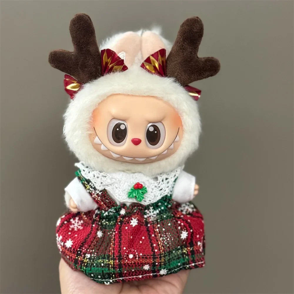 15–17cm Labubu Doll Clothes – Christmas Hat, Scarf & Elk Snowman Plush Outfit Set, New Year Gift