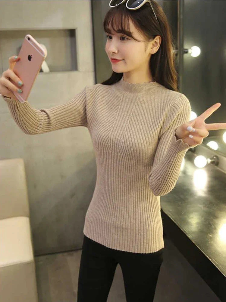 2024 Autumn Women's Mock Neck Ruffles Sweater - Long Sleeve Knitted Solid Pullover with Stripe Design for Casual Winter Wear