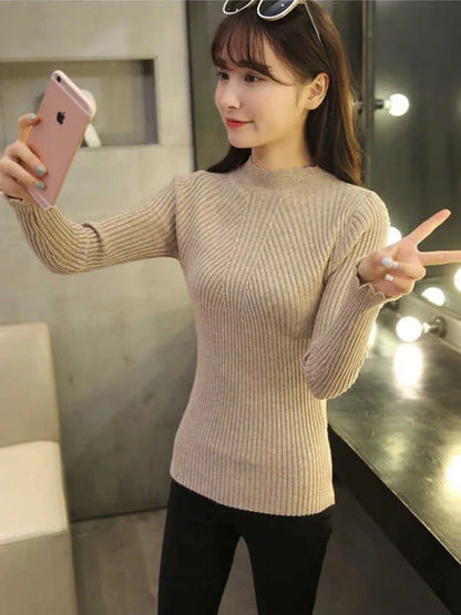 2024 Autumn Women's Mock Neck Ruffles Sweater - Long Sleeve Knitted Solid Pullover with Stripe Design for Casual Winter Wear