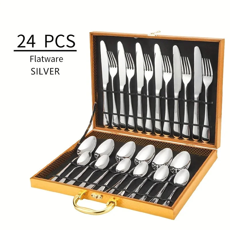 24-Piece Stainless Steel Black Flatware Set — Elegant Knife, Fork & Spoon Cutlery with Mirror Polish, Gold Accents, Dishwasher Safe