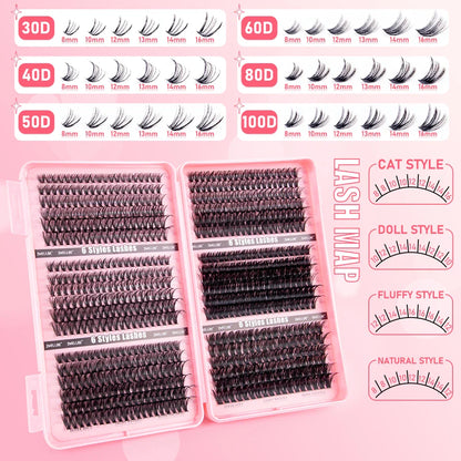 780pcs Eyelash Clusters Kit – 8-16mm Extension with Bond & Seal, Remover, Applicator for DIY Home Makeup
