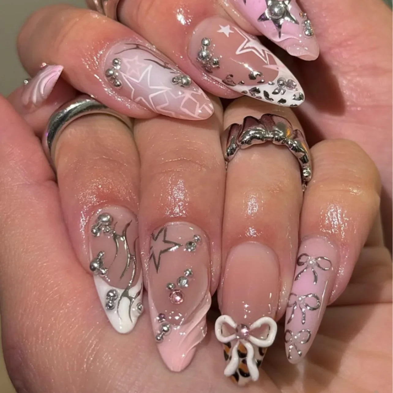 24Pcs French Press On Nails - Almond Fake Nail Tips with Glue, White Edge Design & Pink Stiletto Style Manicure Set