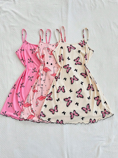3-Piece Women's Camisole Nightgown Set – Cute Butterfly, Bow & Flamingo Print Sleepwear