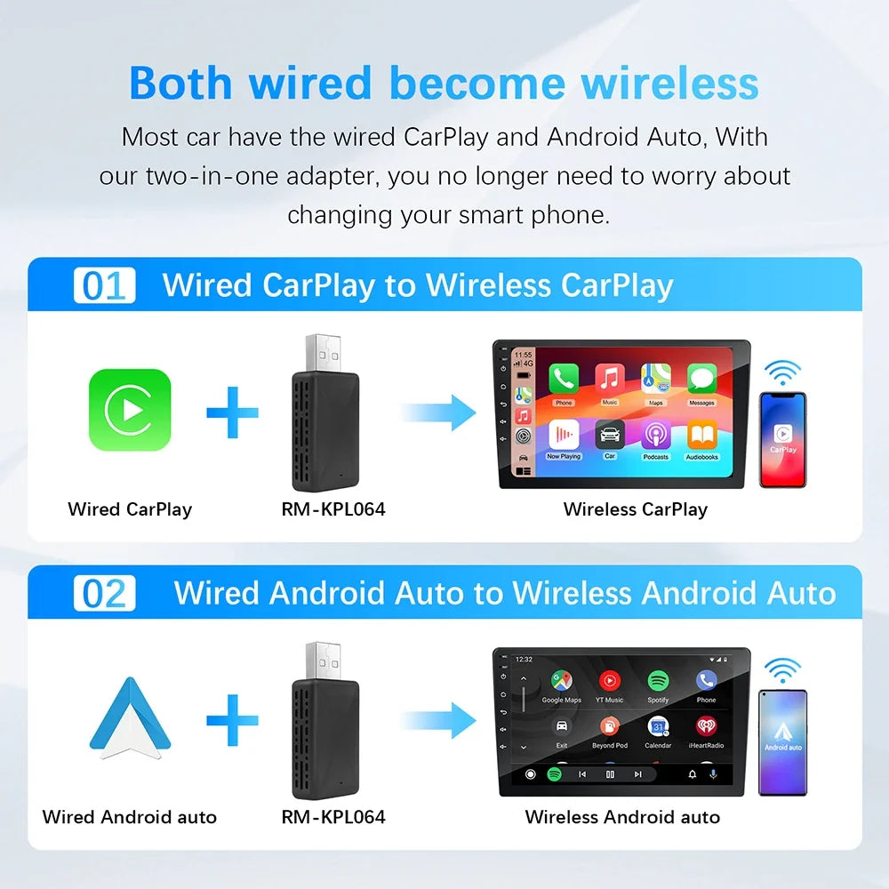 NEW 2 in 1 Wireless CarPlay and Android Auto Adapter – Smart USB Dongle Mini Box with Fast WiFi Connect
