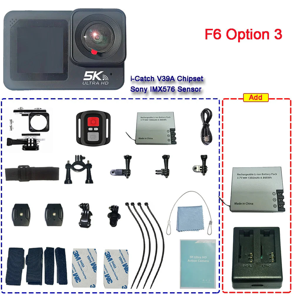 F6W Action Camera — 5K/4K60FPS, 48MP, 2.2" Touch LCD, EIS, Dual Screen, Wi-Fi, 170° Waterproof 30M, 8X Zoom Sports Camera with Wireless Mic