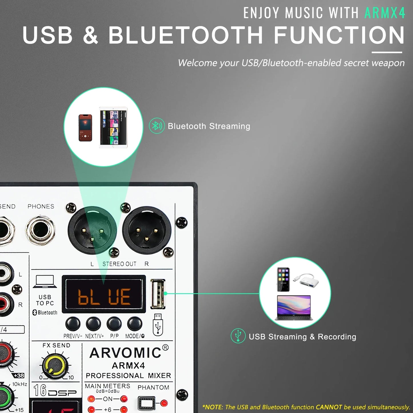 ARVOMIC 4-Channel DJ Audio Mixer – USB Interface, Bluetooth, 16 DSP Effects & 3-Band EQ (ARMX-4)