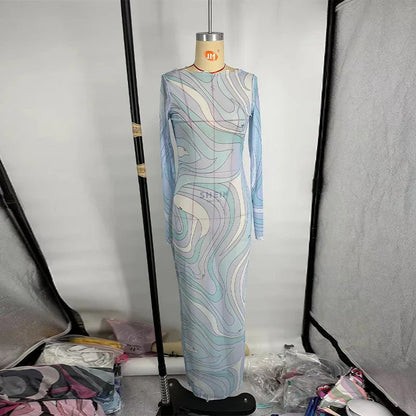 Women’s 2025 Summer Beach Dress – Long Spaghetti Strap O-Neck Dress with Print and Long Sleeves, Fashionable Summer Robe