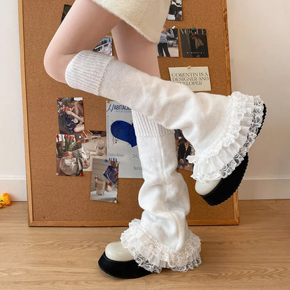 Stay Warm and Stylish: Retro Spicy Girl Lace Leg Warmers for Women - Autumn/Winter Lolita JK Horn T-Shaped Socks, Elephant Leg Design, 1 Pair
