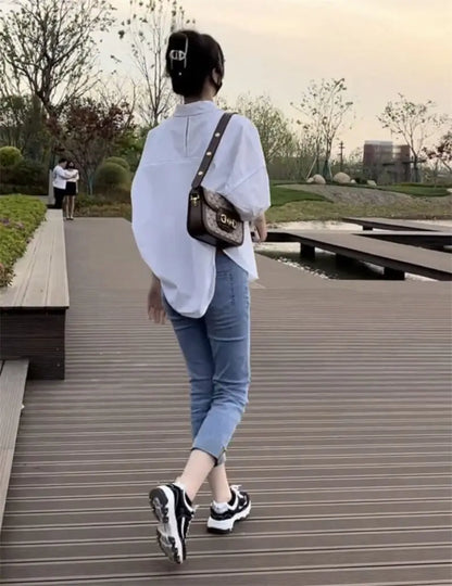 2025 Women’s Cotton Mid-Sleeve Loose Blouse – Casual Irregular Summer Shirt Korean Fashion