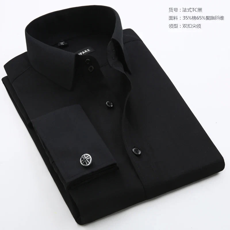 Men’s French Cuff Dress Shirt - Slim Fit Solid Color Long Sleeve Formal Business Shirt