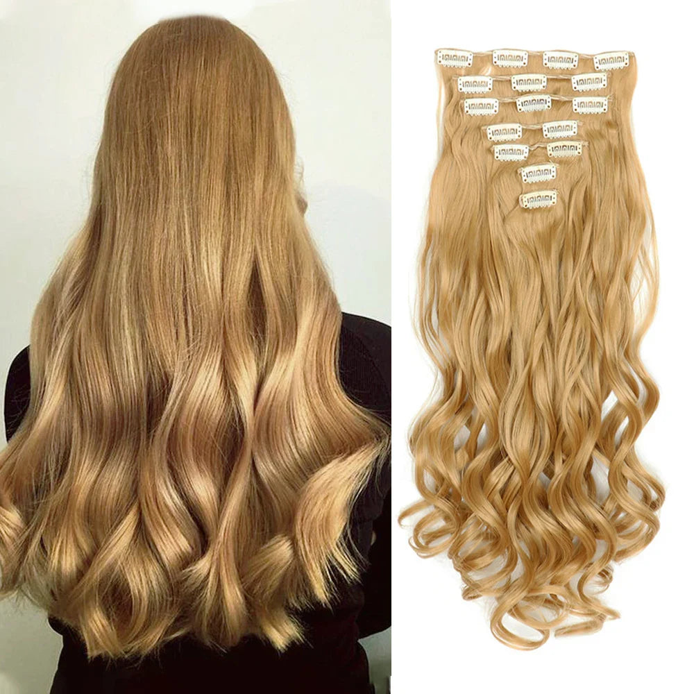 Clip-In Hair Extensions, 7-Piece Full Head 22-Inch Long Curly Wavy Synthetic Hair Extensions for Women and Girls