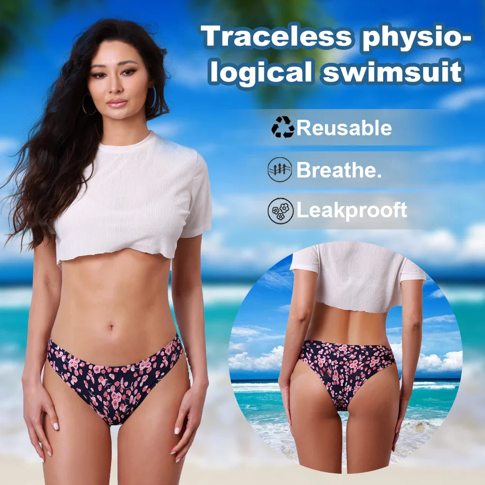 Teen Girls Seamless 4-Layer Leakproof Period Swim Bikini — Fast-Absorb Menstrual Beachwear