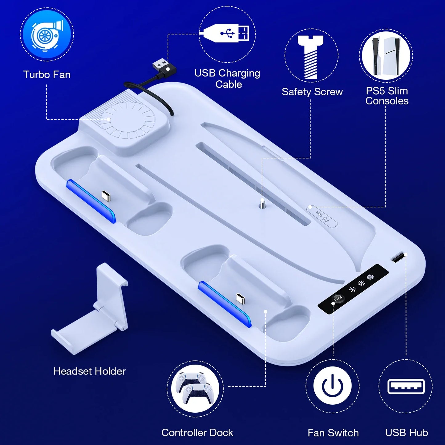 DinoFire PS5 Slim Cooling & Charging Stand – Vertical Fast Controller Charging Station for Disc & Digital PlayStation 5 Console